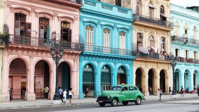 Green Taxi, colorful building fronts, Paseo de Martí, Havana, Cuba