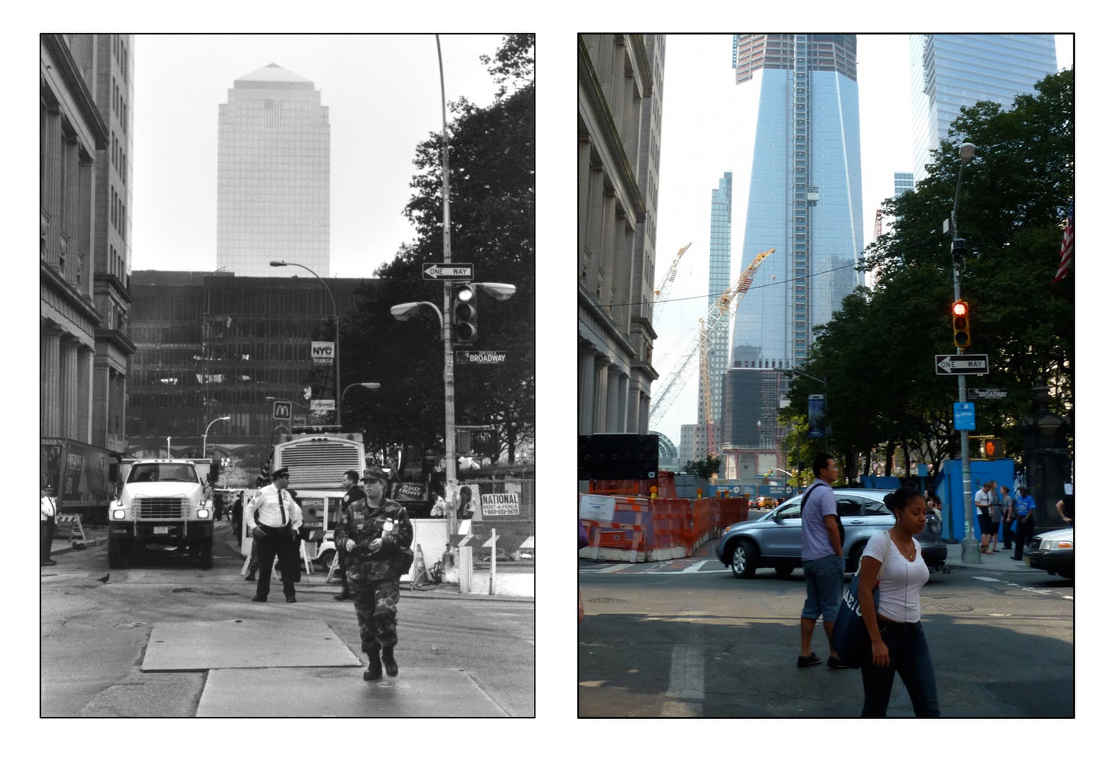 Corner of Broadway and Fulton Street 2001: World Trade Center Remains and World Financial Center 2011: New World Trade Center