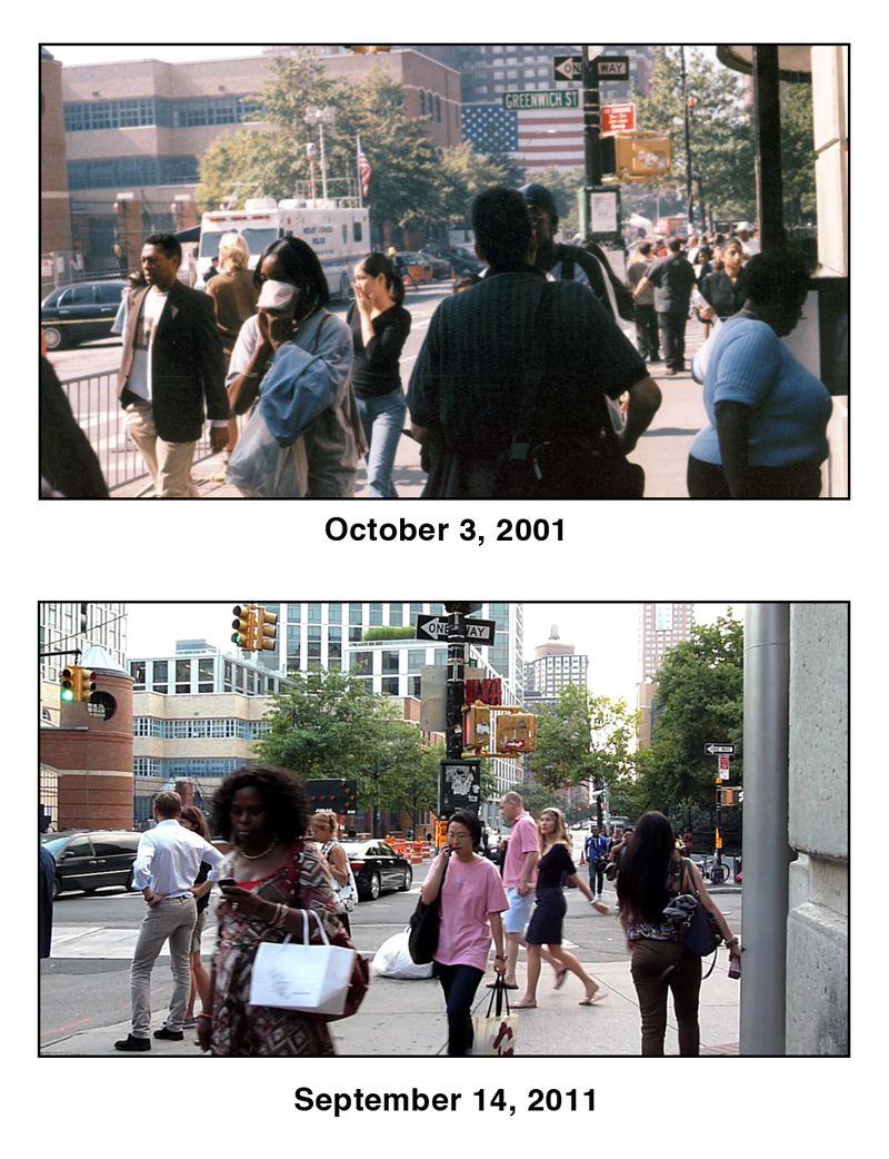 People in NYC financial district near WTC site in 2001 and 2011