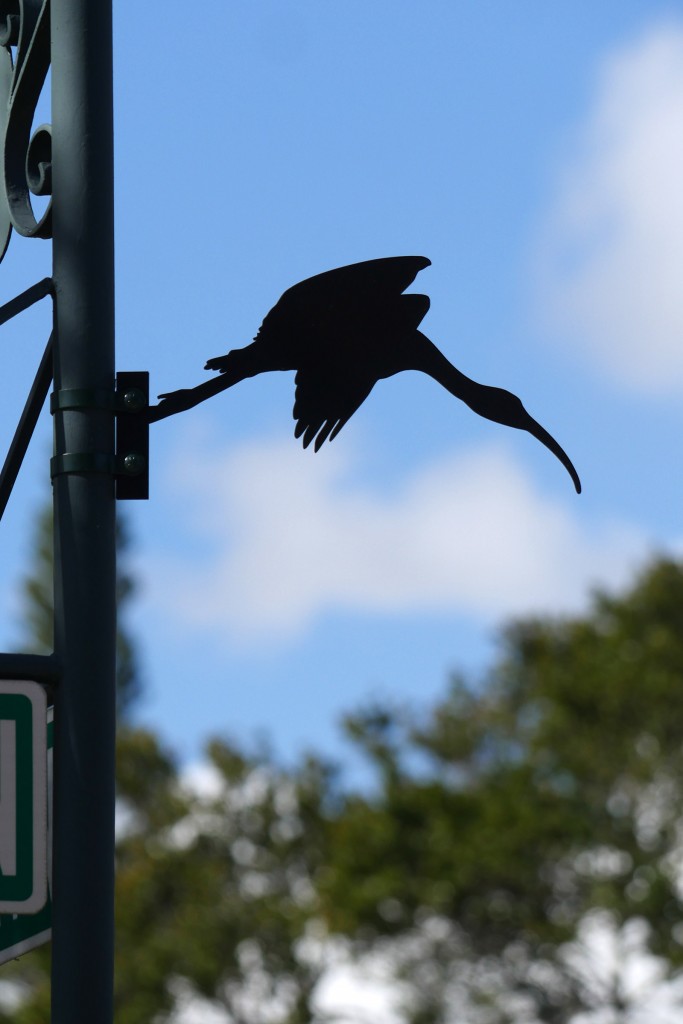 black metal ibis silhouette flying against blue sky at the corner of 22nd Street and 2nd Ave N in Historic Kenwood of St. Petersbur, Florida
