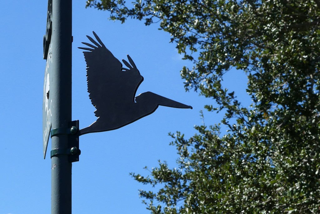 Pelican silhouette, black metal bird, street sign pole, blue sky, green tree