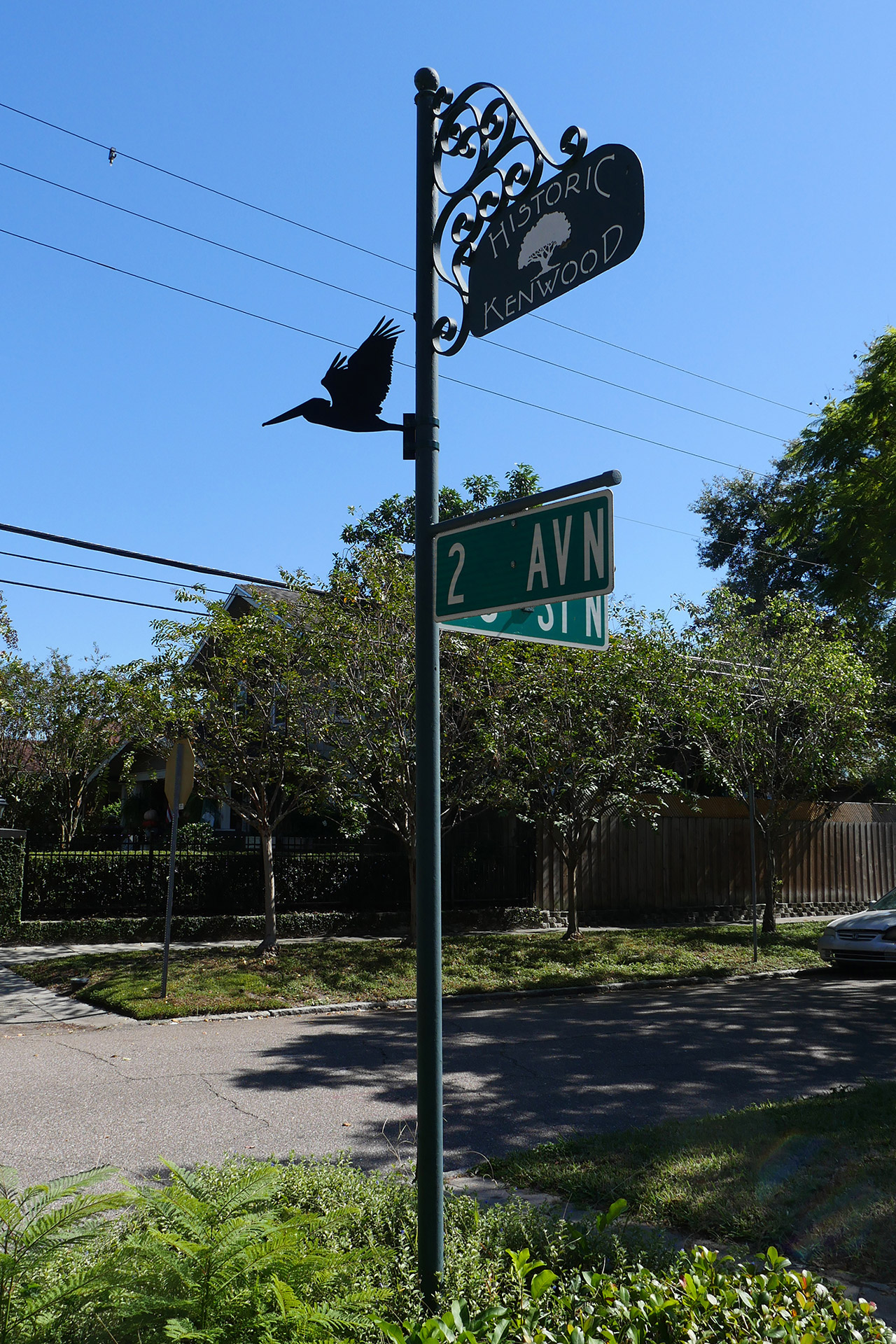 black metal pelican silhouette at the corner of 2nd Ave N and 30th Street in Historic Kenwood, St Petersburg, Florida