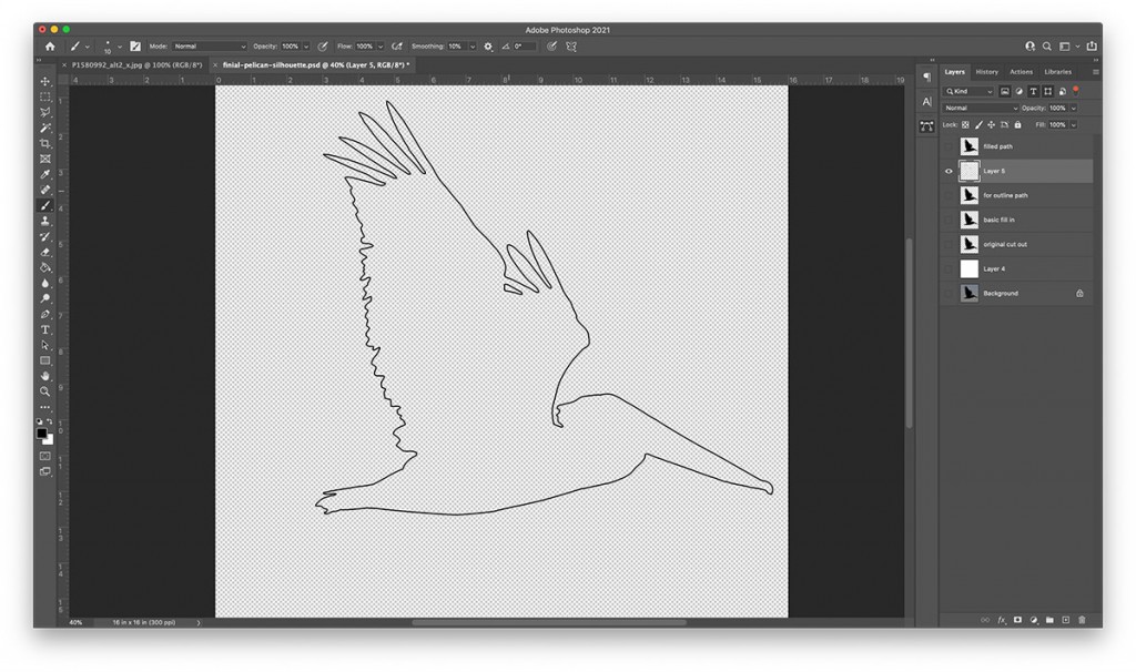 black outline of pelican in flight, photoshop