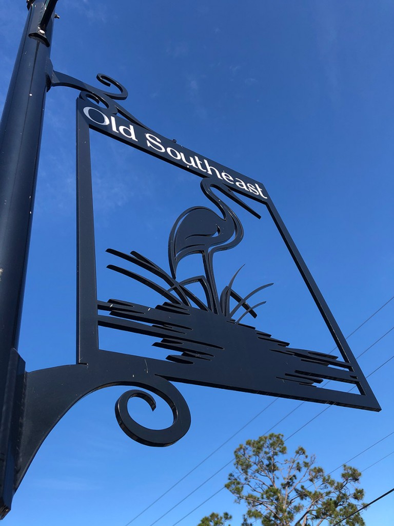 Old Southeast neighborhood sign, heron or egret