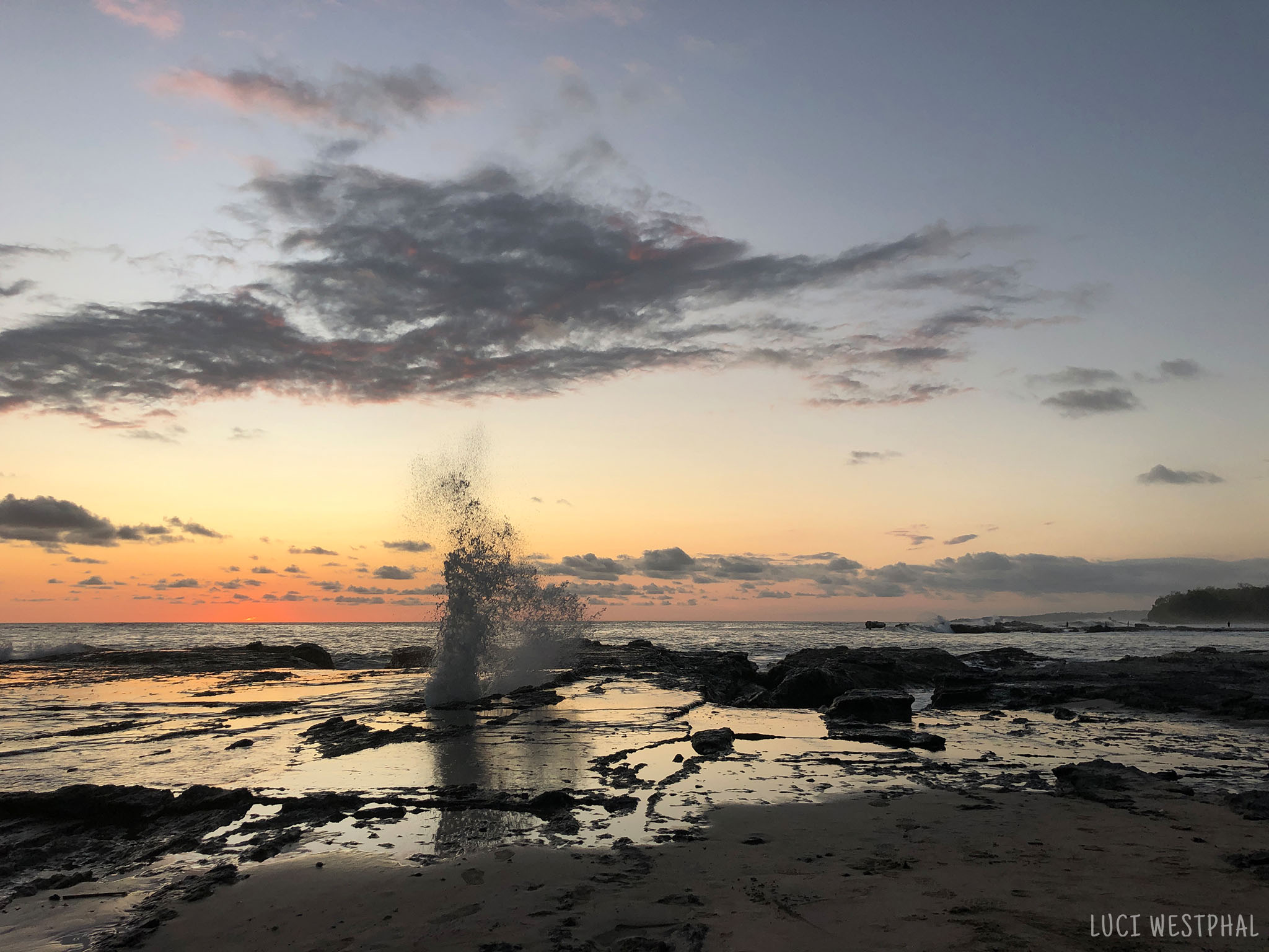 Nosara Beach, natural water fountain, blow hole, sunset, Costa Rica