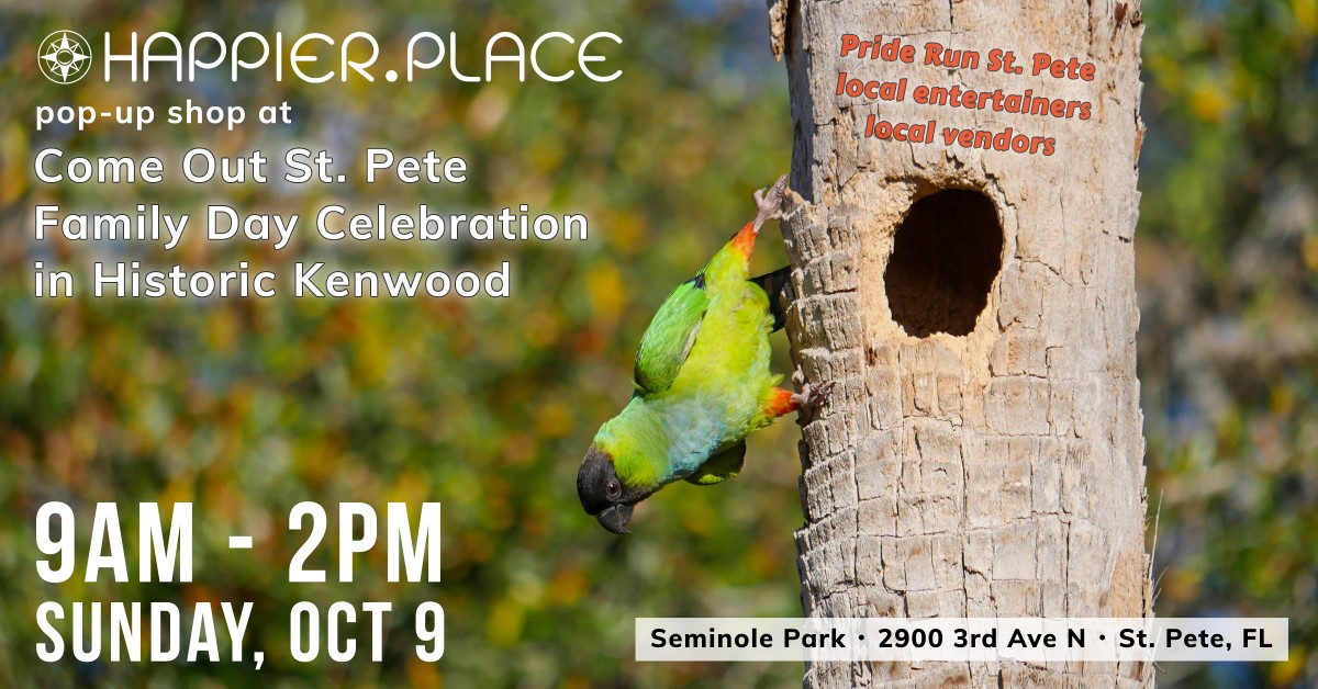 October 9, Come Out St Pete 2022, Seminole Park, Historic Kenwood, Happier Place, Luci Westphal, nanday, parakeet