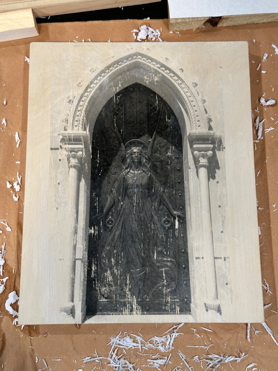 Havana cemetery door lady, black and white, wood transfer by Luci Westphal