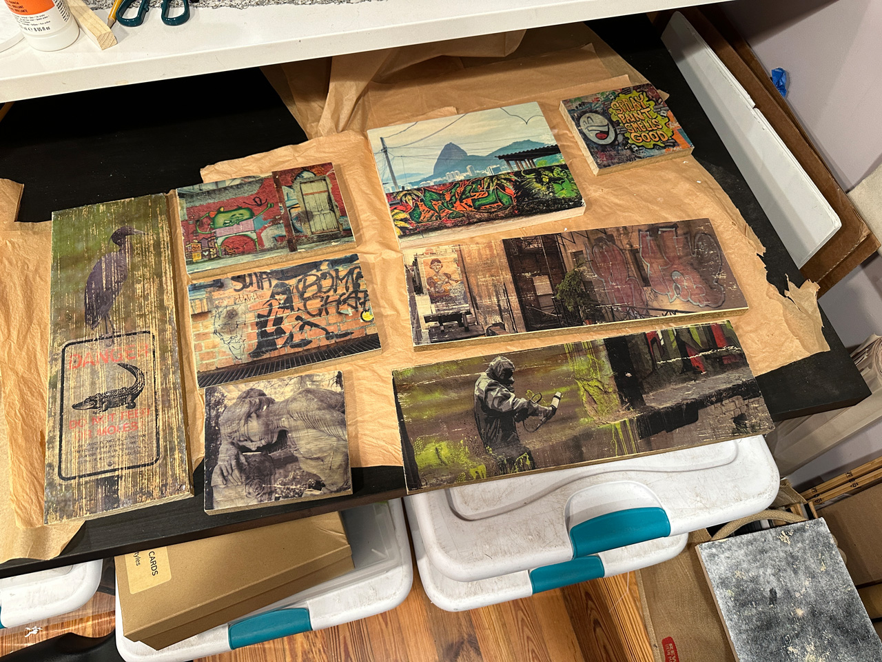 urbex wood transfers on upcycled wood fence planks by Luci Westphal