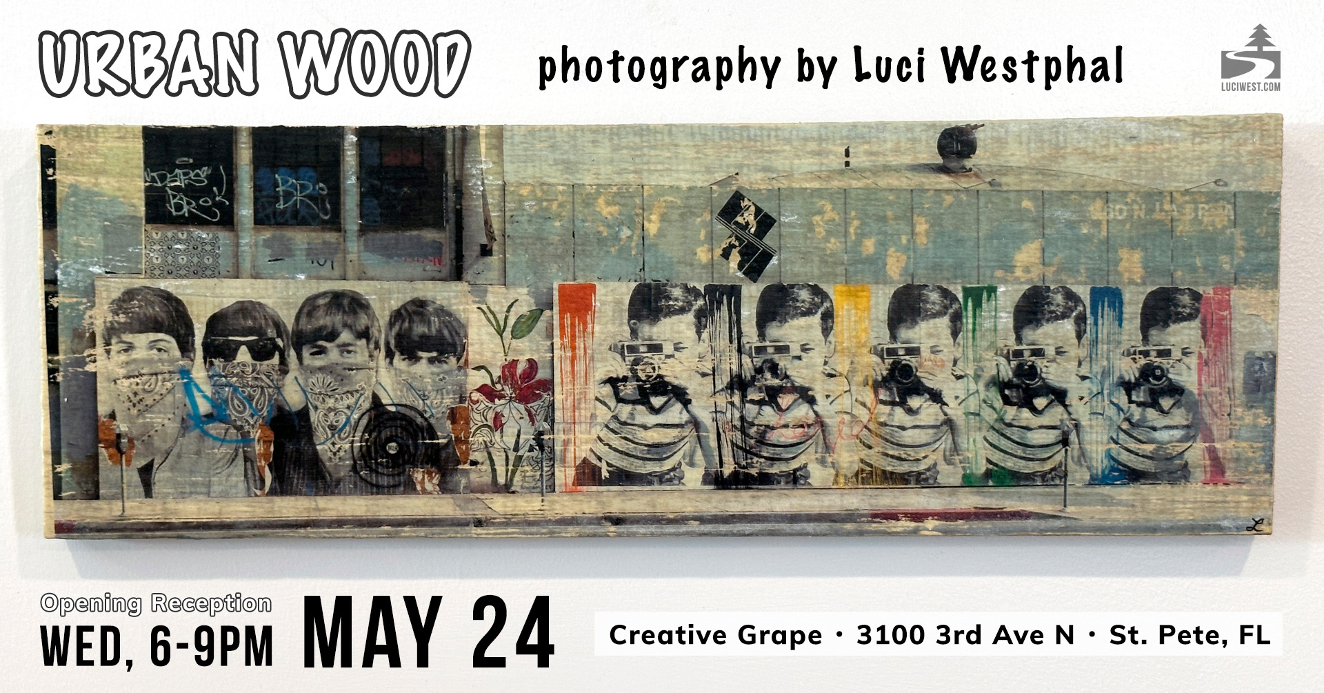 Urban Wood, photography exhibit by Luci Westphal, solo show, opening reception, urban art, urbex, wood transfer, urban nature, Creative Grape, St. Petersburg, Florida