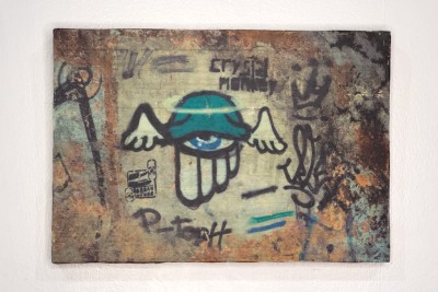 eye with wings, crystal monkey, rio de janeiro, brazil, graffiti, street art, tags, old wall, photo wood transfer