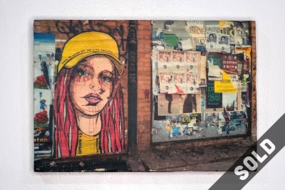 street art, poster wall, Berlin, girl with yellow hat, Can't wash city colors, photo wood transfer