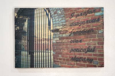 I prefer dangerous freedom over peaceful slavery, street art, Brooklyn, Dumbo, gate, iron bars, warehouse