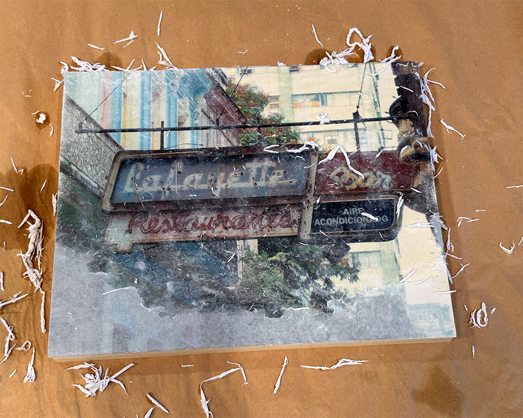 Lafayette restaurant bar sign, Cuba, wood transfer, revealing image, rubbing off paper