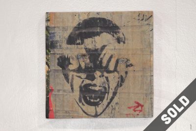 Fist Eyes Face, street art, Berlin, brick wall, wood transfer, sold
