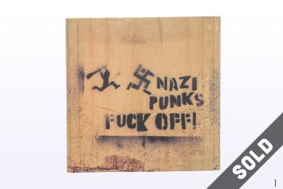 nazi punks fuck off, swastika being chased, graffiti, stencil, wood transfer