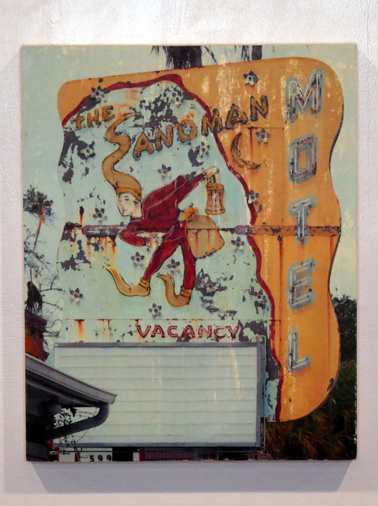 Sandman Motel vacancy vintage neon sign, St. Petersburg, Florida, wood transfer
