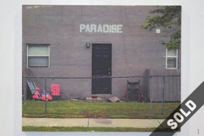 SOLD Paradise, housing, apartment door, pink kids scooter, walk, grey wall, wood transfer, St. Pete