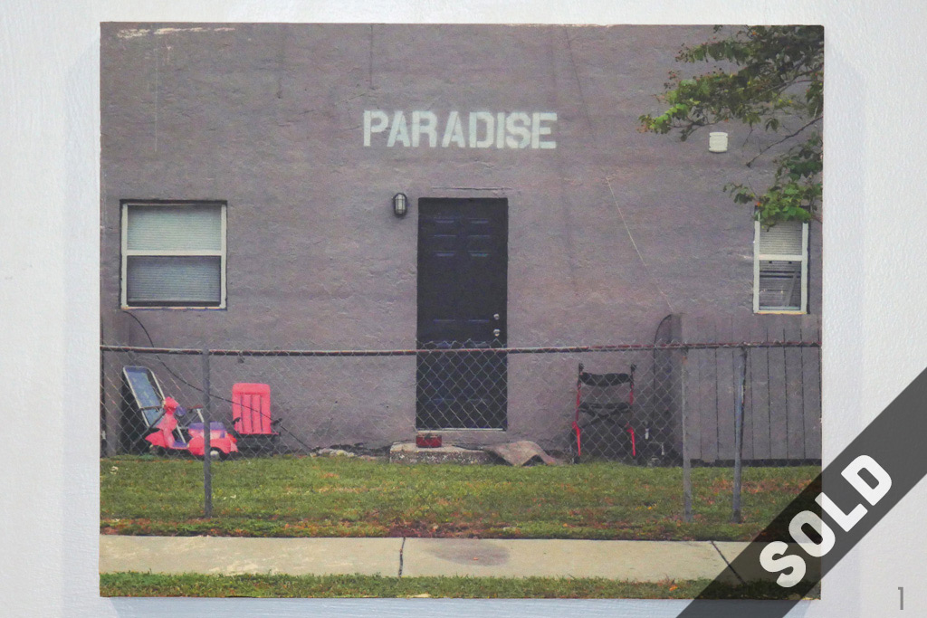 SOLD Paradise, housing, apartment door, pink kids scooter, walk, grey wall, wood transfer, St. Pete