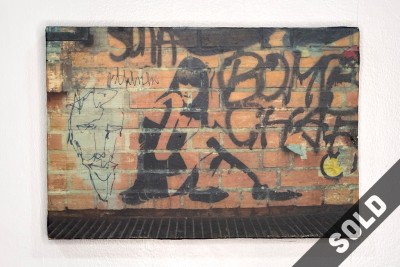 SOLD girl body, guy face, street art, brick wall, bomb text, Berlin