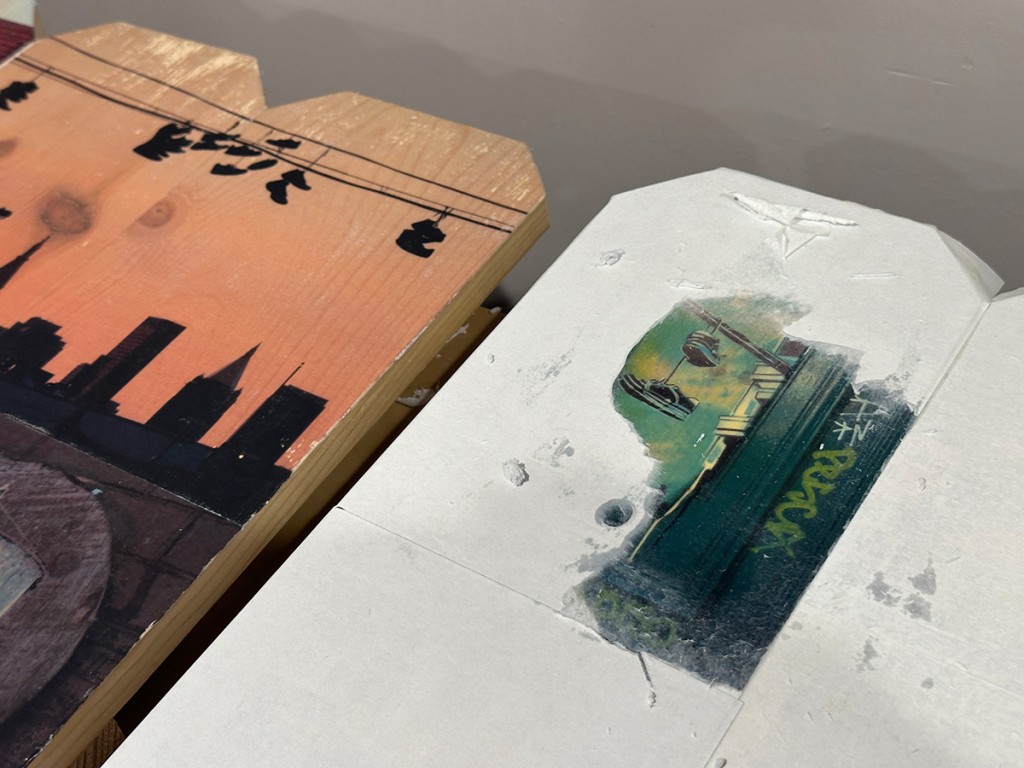 photos transferred to wood: Brooklyn shoes at sunset, street art with shoes by Alice Pasquini