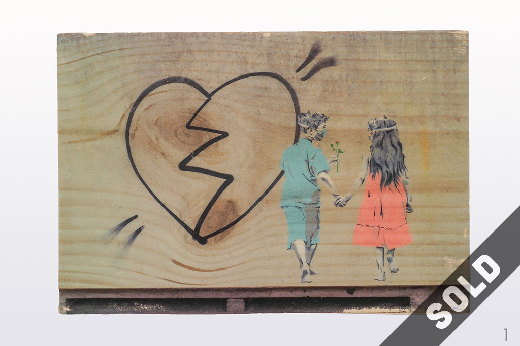SOLD kids, children, holding hands, heart, masks, street art, Hamburg, photo wood transfer