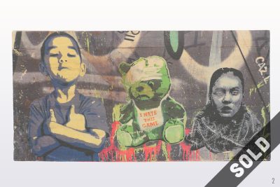SOLD, Hate this game, street art, teddy, boy, woman, Berlin, Germany, photo wood transfer