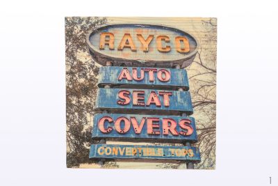 Rayco Auto Seat Covers photo, hand-transferred to wood, St Petersburg, Central Avenue, Florida