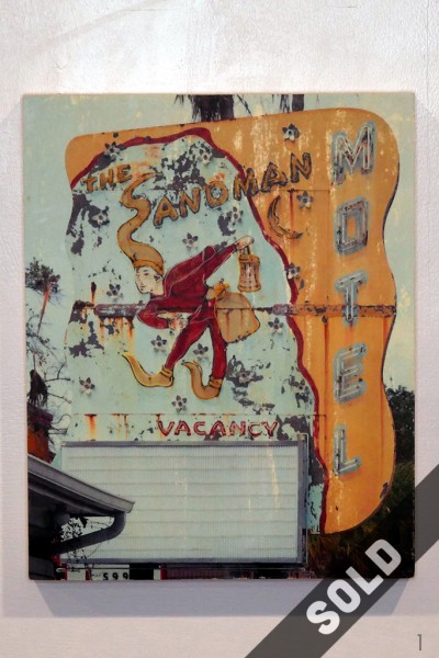 Iconic St. Pete Sandman Motel vintage sign photo hand-transferred to wood