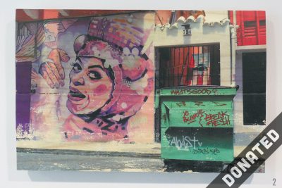 pink queen, Puerto Rican flag mural, green dumpster, San Juan, donated