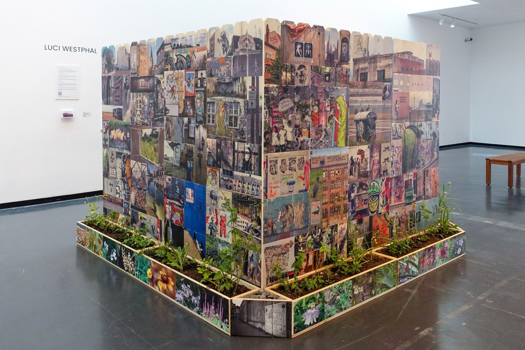 Public Walls and In-Between Spaces installation by Luci Westphal at Creative Pinellas gallery, wood transfer of street photography and live wildflowers on privacy fence shelter