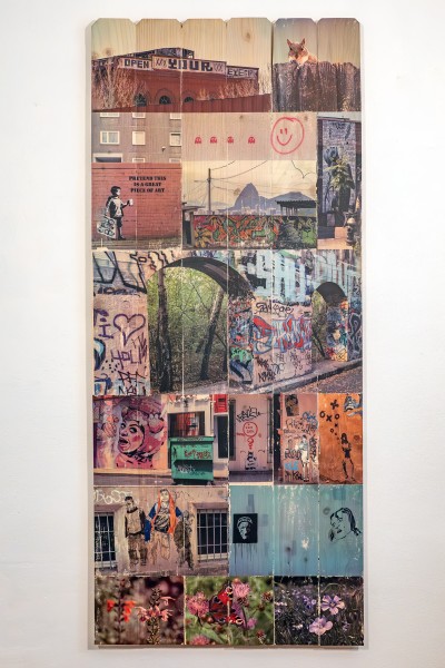 collage of urban photography hand-transferred to wood fence panel, part of installation Public Walls and In-Between Spaces, 2: Open Your Eye