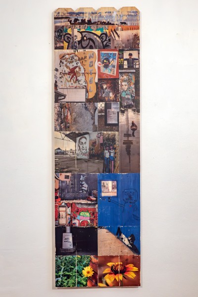 collage of urban photography hand-transferred to wood fence panel, part of installation Public Walls and In-Between Spaces, panel 4 Sandman