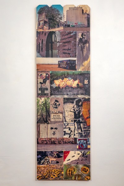 collage of urban photography hand-transferred to wood fence panel, part of installation Public Walls and In-Between Spaces, Panel 5: Tree House