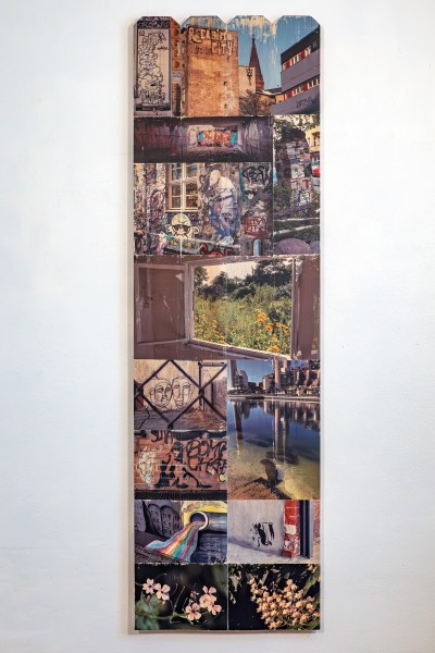 collage of urban photography hand-transferred to wood fence panel, part of installation Public Walls and In-Between Spaces, Panel 6: Reclaim City