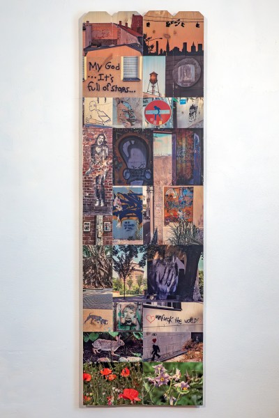 collage of urban photography hand-transferred to wood fence panel, part of installation Public Walls and In-Between Spaces, Panel 8: Full Of Stars