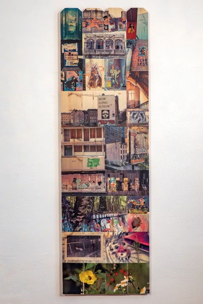 collage of urban photography hand-transferred to wood fence panel, part of installation Public Walls and In-Between Spaces, Panel 9: How Long?