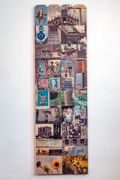 collage of urban photography hand-transferred to wood fence panel, part of installation Public Walls and In-Between Spaces, Panel 10: Osprey