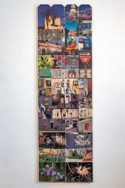 collage of urban photography hand-transferred to wood fence panel, part of installation Public Walls and In-Between Spaces, Panel 11: Andy Warhol