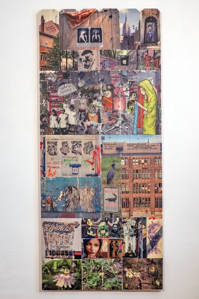 collage of urban photography hand-transferred to wood fence panel, part of installation Public Walls and In-Between Spaces, Panel 12: Miami