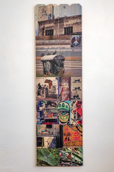 collage of urban photography hand-transferred to wood fence panel, part of installation Public Walls and In-Between Spaces, Panel 13: Not A Test
