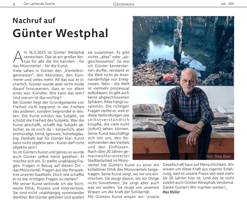 article and photo, Nachruf, obituary, Guenter Westphal, Lachende Drache, Max Mueller