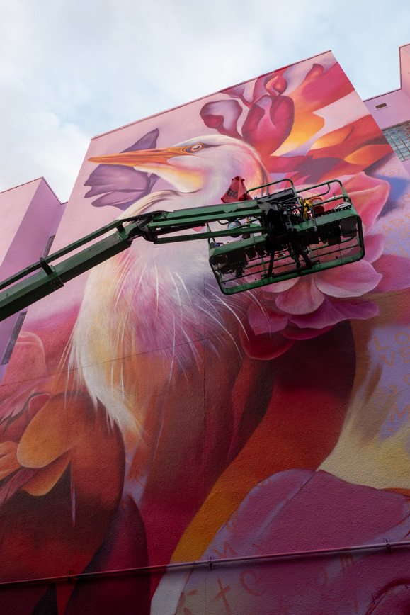 Large egret mural and lift