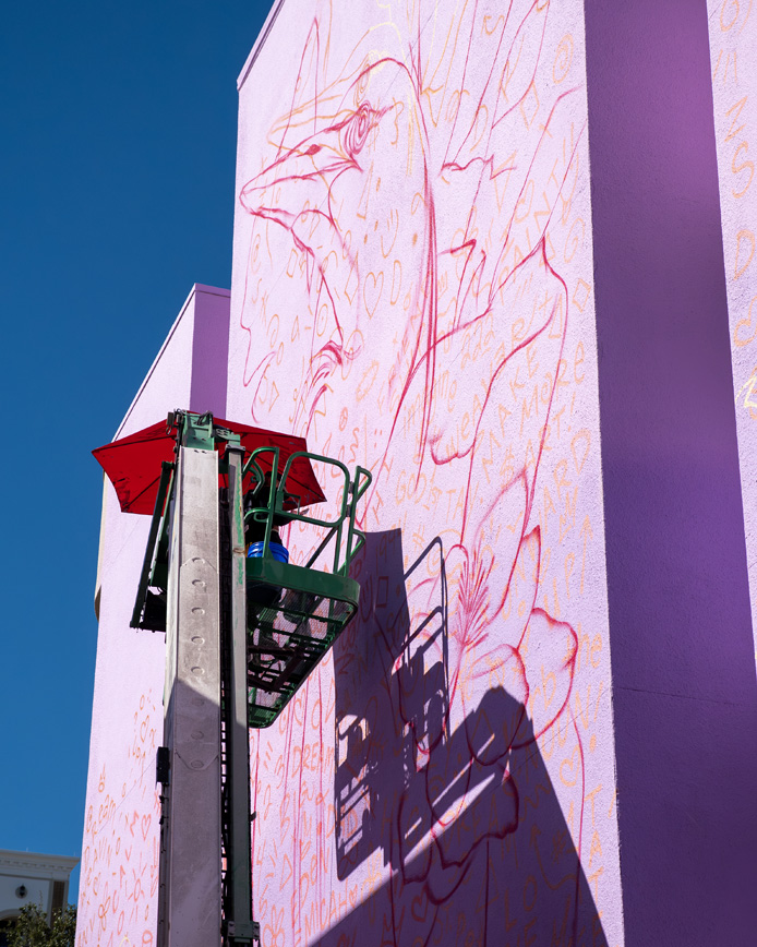 Dreamweaver using squiggly doodle grid method for her giant mural