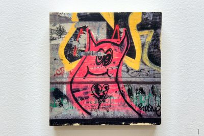 pink monster, heart, smile, graffiti, street art, photo wood transfer
