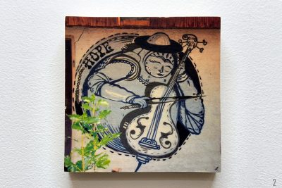 street art, photo wood transfer, hope, cello player