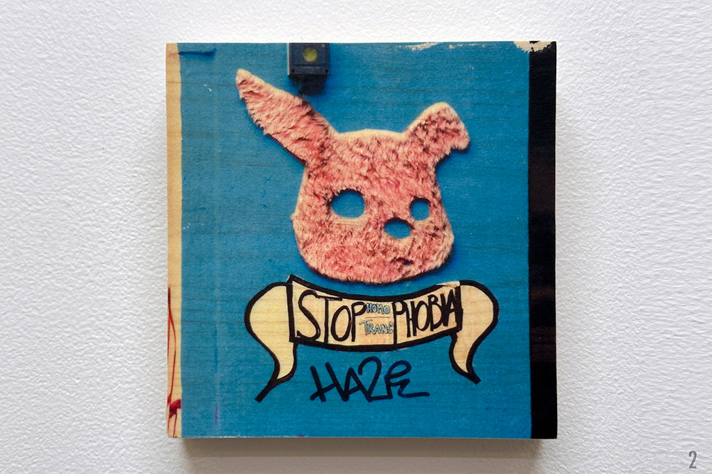 stop homophobia, stop transphobia, bunny, haze graffiti, street art, photo wood transfer,