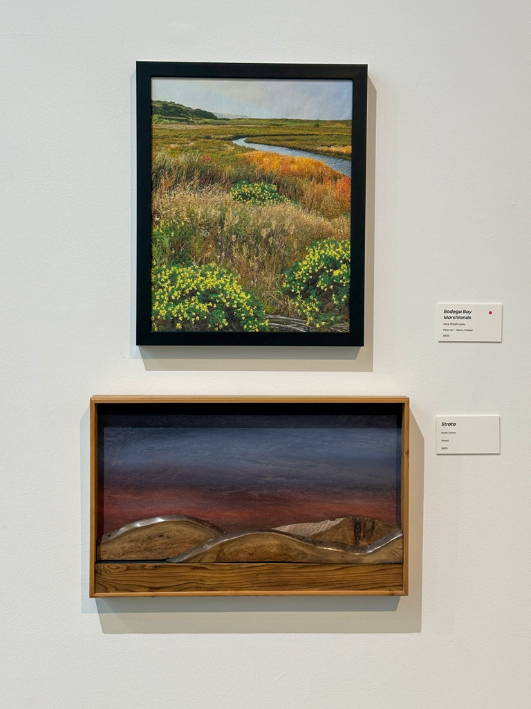 Textile art by Alice Pickett Lewis, wood art by Scott Solary